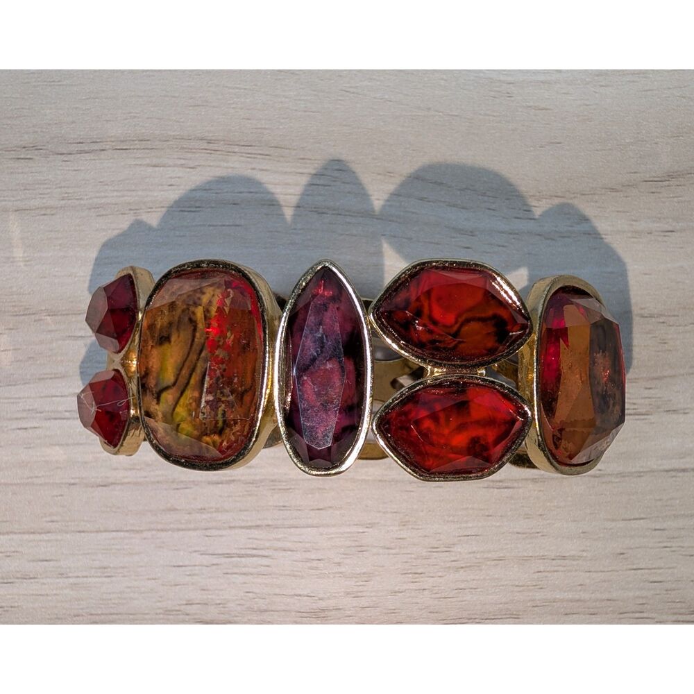 Gold Tone Red Stone Stretch Bracelet Statement Fashion Jewelry